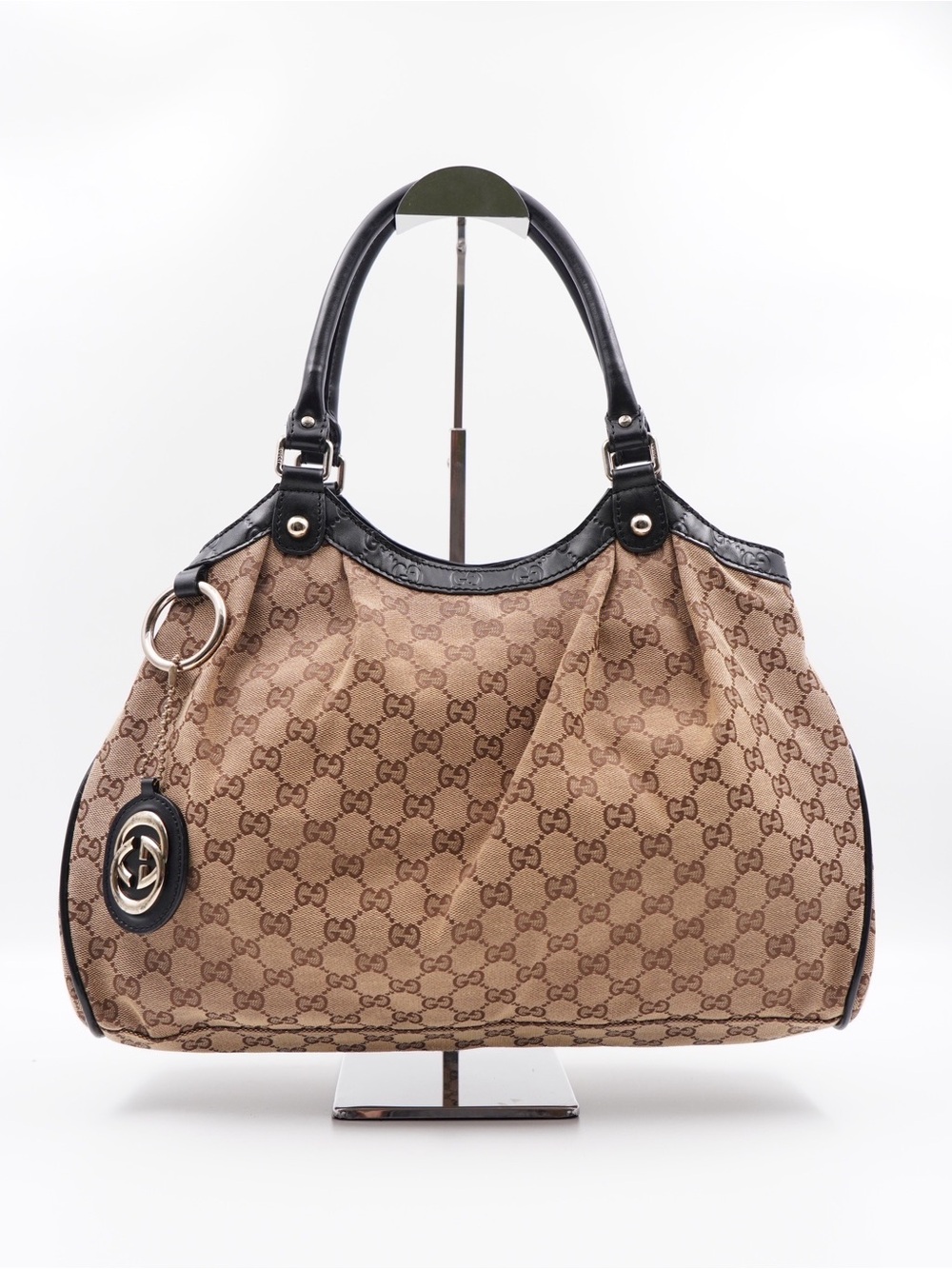 Gucci Brown GG Supreme Canvas Tote Bag with Black Leather Trim